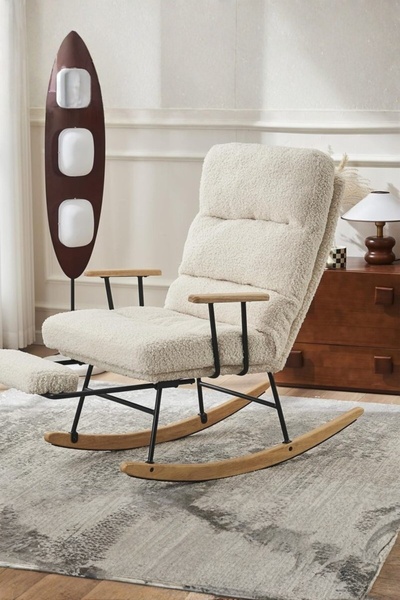 Generic كرسي هزاز عصري من قماش البوكليه مع قاعدة خشبية، كرسي استرخاء مريح