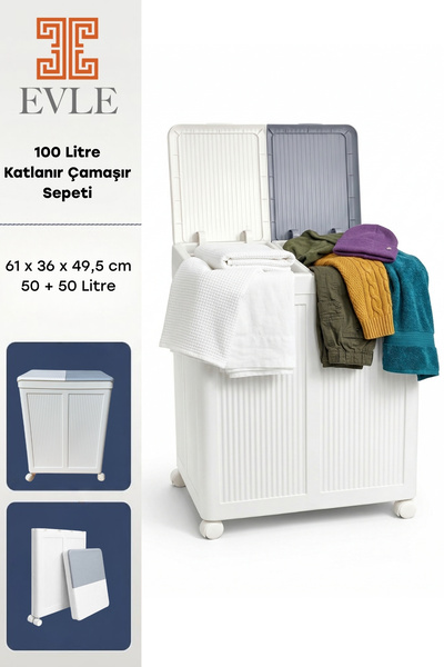 EVLE 2 Bölmeli Tekerlekli 50 + 50 litre Çift Kapaklı Çamaşır Sepeti, Kirli Se...