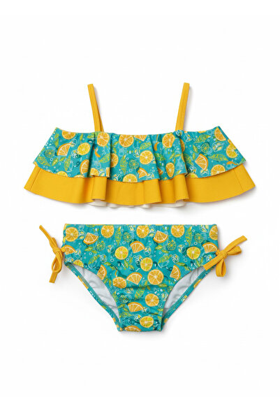 Minipodyum Set bikini pentru fete cu bretele și imprimeu cu lămâie, cu tampoa...
