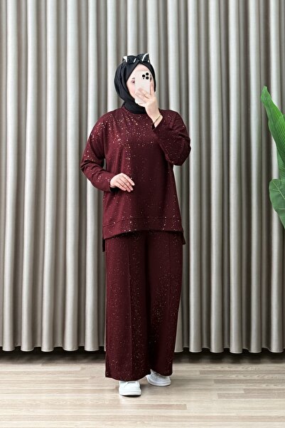 ALYA Diamond Takım Kristal Simli Parlak Kumaş Kadın Bordo Rahat Kesim Tesettü...