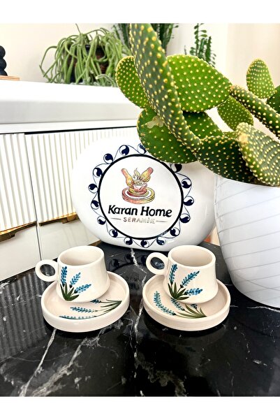 karan home seramik El yapımı çiçek desenli iki kişilik kahve fincanı takımı