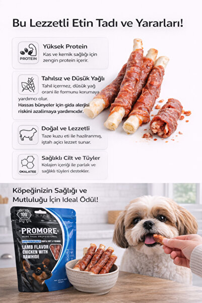 Promore Kuzu Eti Sargılı Çiğneme Kemik Köpek Ödülü 100g-Tavuklu Rawhide, Kolajen Destekli, Tahılsız