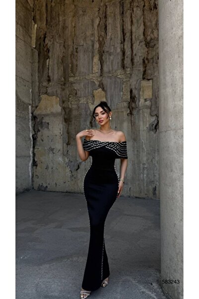 WoolnClyde فستان سهرة ماكسي نسائي بياقة مادونا مطرز باللؤلؤ على شكل سمكة