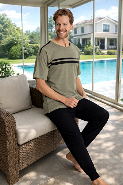 REMSA Men's Combed Cotton Short Sleeve Pajama Set 2334 Khaki