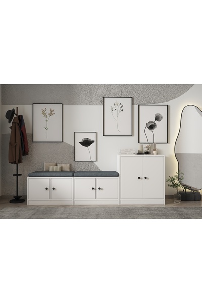 FOR WOMAN DESİGN Ahşap Portmanto 4 Kapaklı Minderli Modern Fonksiyonel Depolama