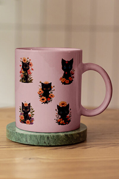giftkonsept Cute Black Cat and Flowers Printed Gift Mug