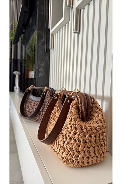 WOMANBAG EL YAPIMI ASKILI DERİ BURSLU HASIR EL OMUZ ÇANTASI(38x25cm)Hasır renk