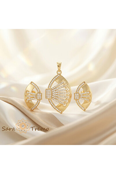 SaraTremo Royal Fan Set – 14K Gold Plated Jewelry Set with Zirconia Crystals