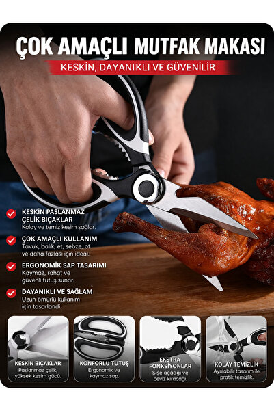 EcoVibe Çok Amaçlı Mutfak Makası Paslanmaz Çelik Keskin Bıçaklı Tavuk Balık S...