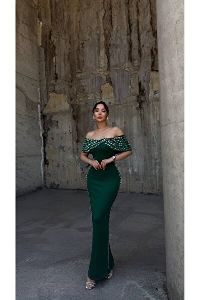 WoolnClyde Rochie de seară maxi cu guler Madonna și broderie cu perle pentru ...