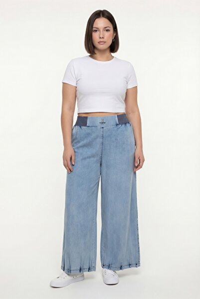 EXİTLİNE Women's Navy Blue Summer High Waist Elastic Detailed Trousers