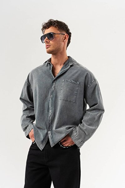 go gang own Linen Wash Pocket Detailed Washed Linen Long Sleeve Oversize Shirt