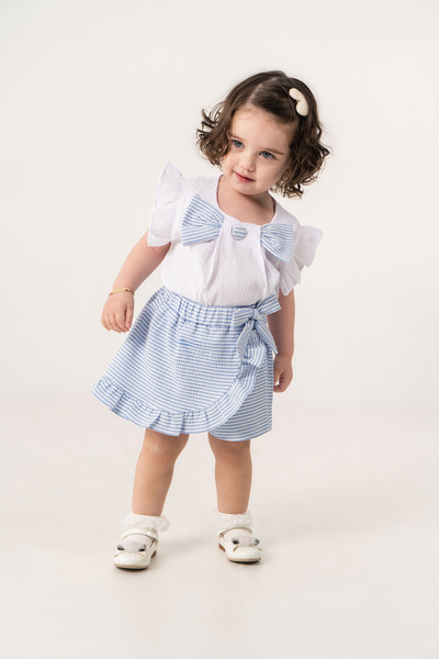 JNF kids Baby Girl Summer Gofre Stretchy Fabric Bow Detailed Skirt Shorts Set