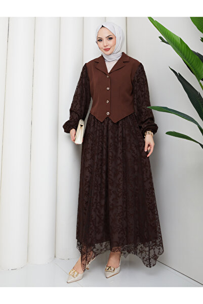 MY QILAM Women's Hijab Vest Double Set with Flock Printed Lace Detailed Skirt...