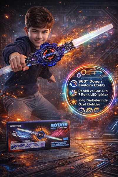 TOYFEST Çift Taraflı LED Işıklı Oyuncak Kılıç 360° Dönen Kıvılcım Efektli Şar...