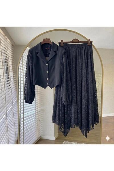 MY QILAM Women's Hijab Vest Double Set with Flock Printed Lace Detailed Skirt...