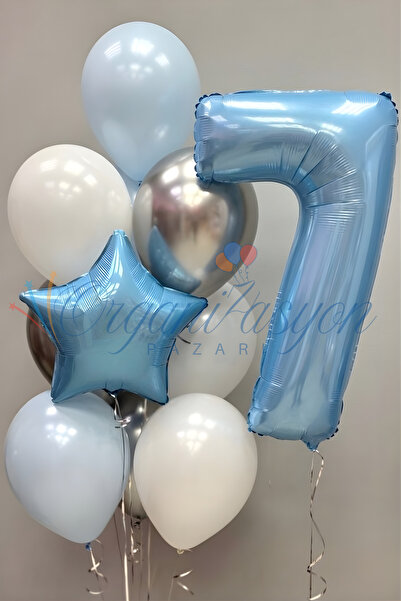 Organizasyon Pazarı Light Blue 7 Year Old Number Balloon Set Blue Star Foil B...