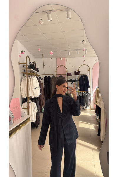 SENORE Lacivert çizgili kuşaklı blazer ceket