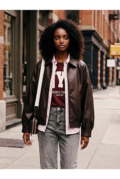 LC Waikiki Brown shirt collar oversize women's leather look jacket