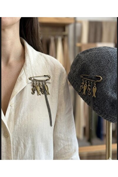 AYFAACCESSORIES OTANTİK Deniz Atı ve Balık Figürlü Zincirli Çengelli İğne Bro...