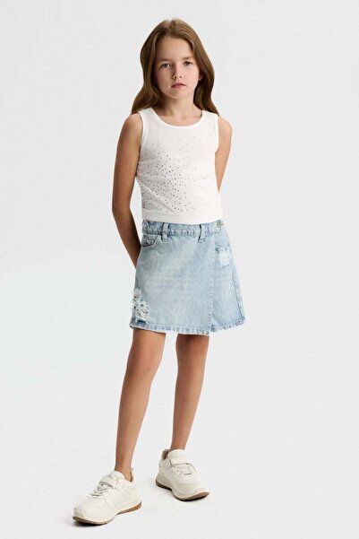 nk kids Kız Çocuk 8-14 Yaş Yırtık Detaylı Denim Şort Etek Kot Mavi