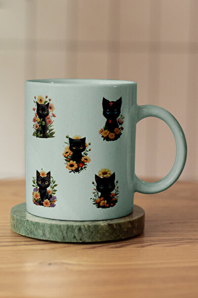 giftkonsept Cute Black Cat and Flowers Printed Gift Mug