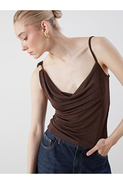 LC Waikiki Lcw Vision Ma Bella Brown Draped Collar Rope Strap Blouse