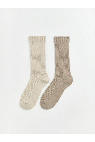 LC Waikiki Brown Ribbed Wool Blend Women's Socks, Pack of 2