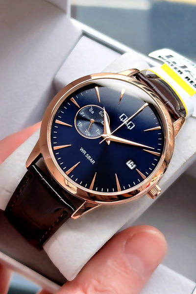 Q&Q Original Japanese Quartz Movement Men's Wristwatch Brown Leather Band 5 A...