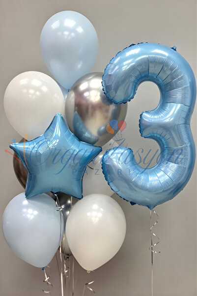 Organizasyon Pazarı Light Blue 3 Year Old Number Balloon Set Blue Star Foil B...