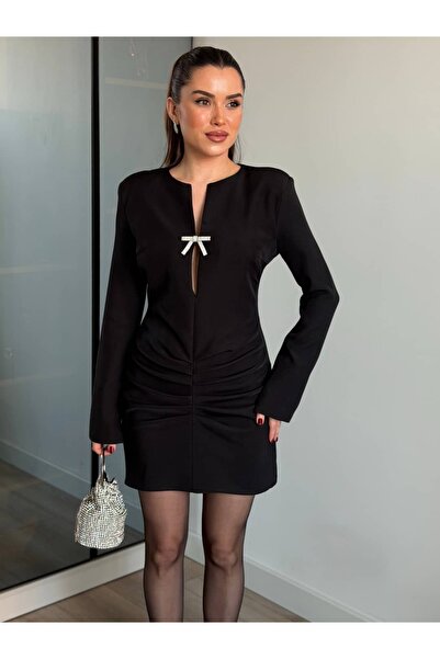 ROUPAS COLLECTİON Taşlı Broş Detaylı Büzgü Elbise