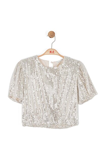 nk kids Kız Çocuk 8-14 Yaş Pul Payet Karpuz Kol Bluz Krem