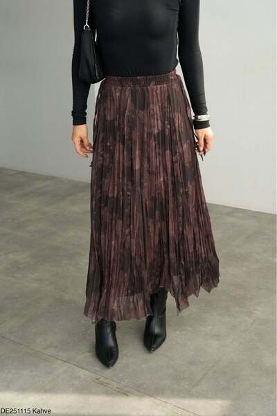 Moda Asrın Kadın Kırışık Efektli Desenli Beli Lastikli Astarlı Şifon Etek Kah...