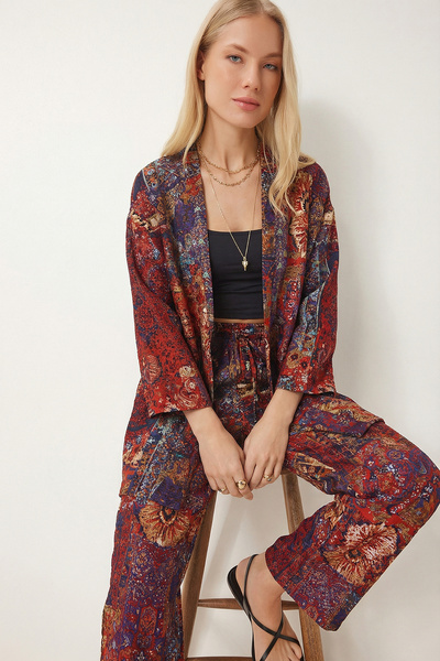 Lovelyİstanbul طقم بنطلون كيمونو صيفي منقوش من الفيسكون LRN0013 أرجواني مائل ...