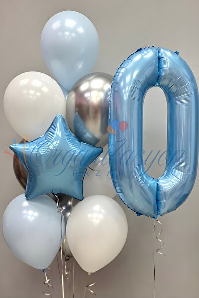 Organizasyon Pazarı Light Blue 0 Year Old Number Balloon Set Blue Star Foil B...