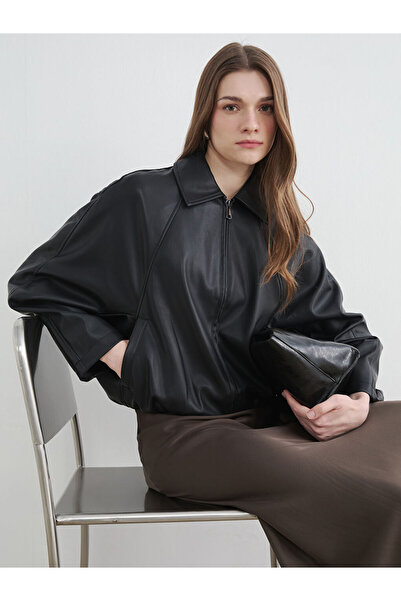 LC Waikiki Black Shirt Collar Oversize Women's Leather Look Jacket