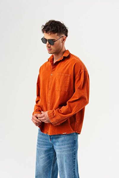 go gang own Linen Wash Pocket Detailed Washed Linen Long Sleeve Oversize Shirt