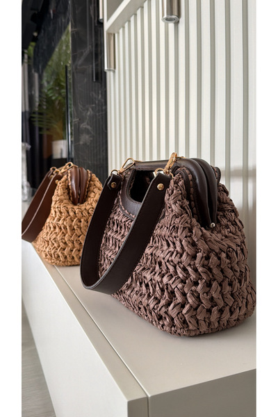 WOMANBAG Handmade Leather Straw Shoulder Bag Clutch (38X25Cm) Brown