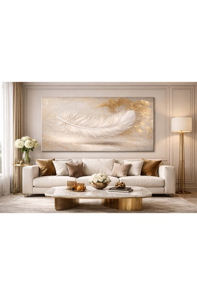 HDART Premium Seri Kabartmalı Altın Detaylı Beyaz Tüy Kanvas Tablo Tablosu