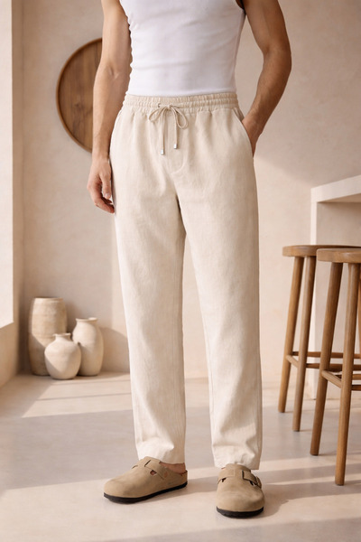 İLKCET MODA Linen Cream Baggy Fit Men's Trousers