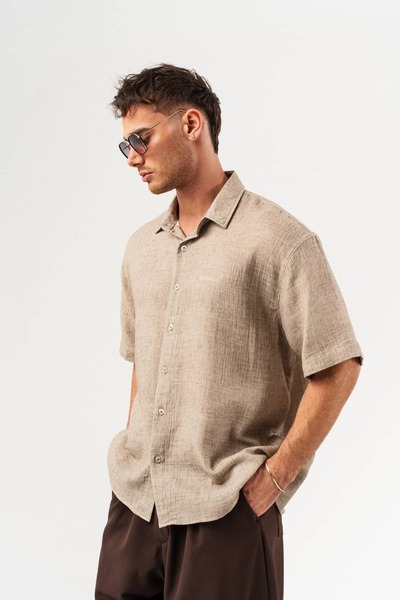 go gang own Solace Keten Kumaş Kısa Kollu Oversize Gömlek