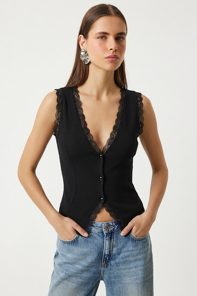 Lovelyİstanbul Lace Detailed Ribbed Knitted Blouse Lzv0060 Black