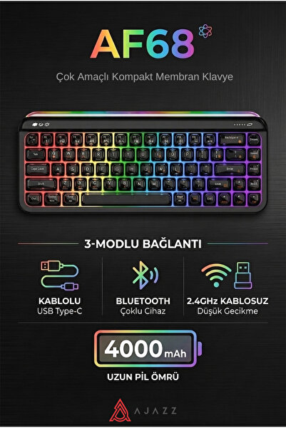 Ajazz AF68 Kablosuz (3 Modlu) RGB Membran Klavye- Çift Katmanlı Tuş Kapağı-4....