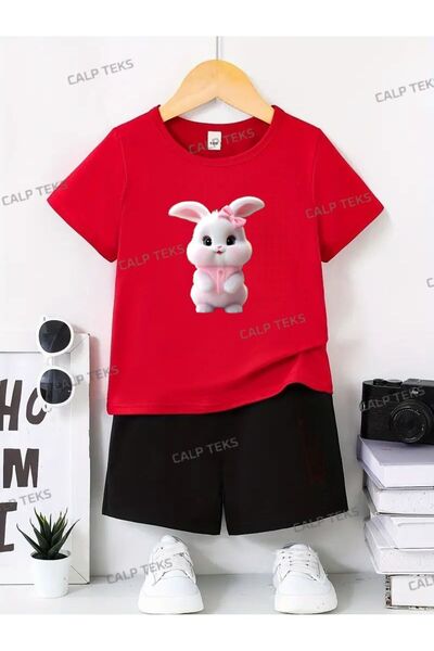 CALP TEKS White Rabbit Printed Shorts-T-Shirt Children's Set