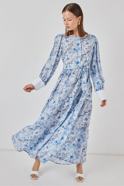 Merterium Women's Belted Long Dress 1395 Blue