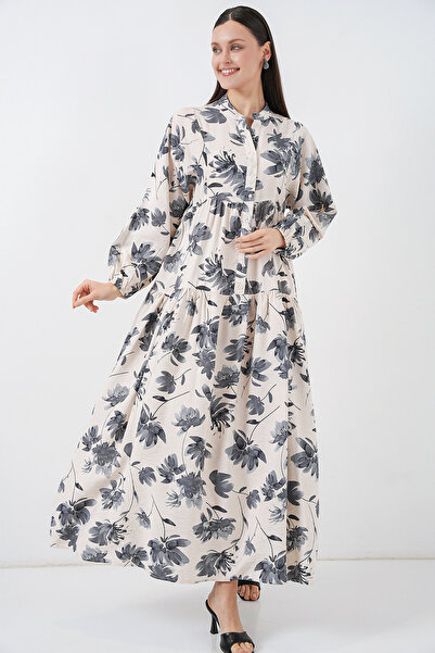 Merterium فستان حجاب طويل من قماش الزنبق للنساء 1396 رمادي