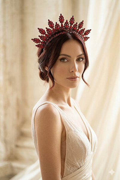 ESPEREST إكسسوار زفاف على شكل تاج من حجر الكريستال الأحمر طراز صن بيرست للعرو...