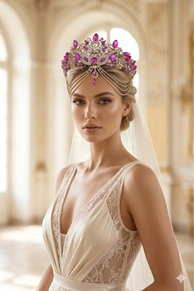 ESPEREST إكسسوار للجبهة على شكل سلسلة وجه العروس العرقية مع تاج كريستالي وتصم...