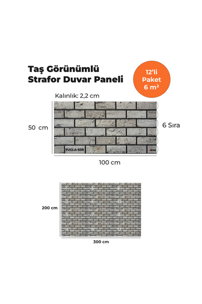 KnB Duvar Panelleri TUGLA-608 TAŞ GÖRÜNÜMLÜ 3D STRAFOR DUVAR PANELİ (12'Lİ PA...