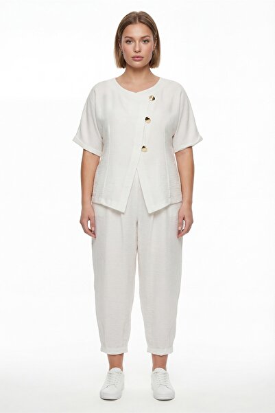 EXİTLİNE Women's White Summer Buttoned Top and Bottom Set
